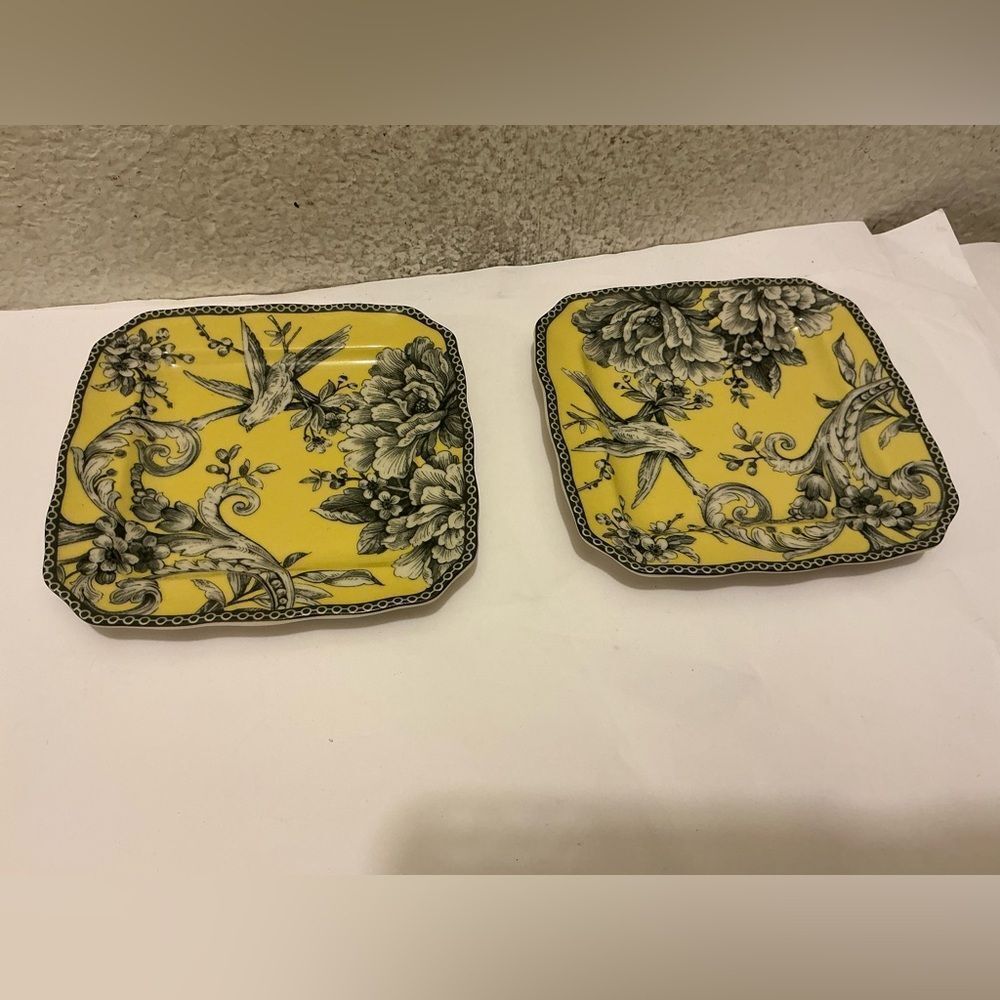 222 Fifth Adelaide Pattern Appetizer Plate Yellow Toile set of 2 A10